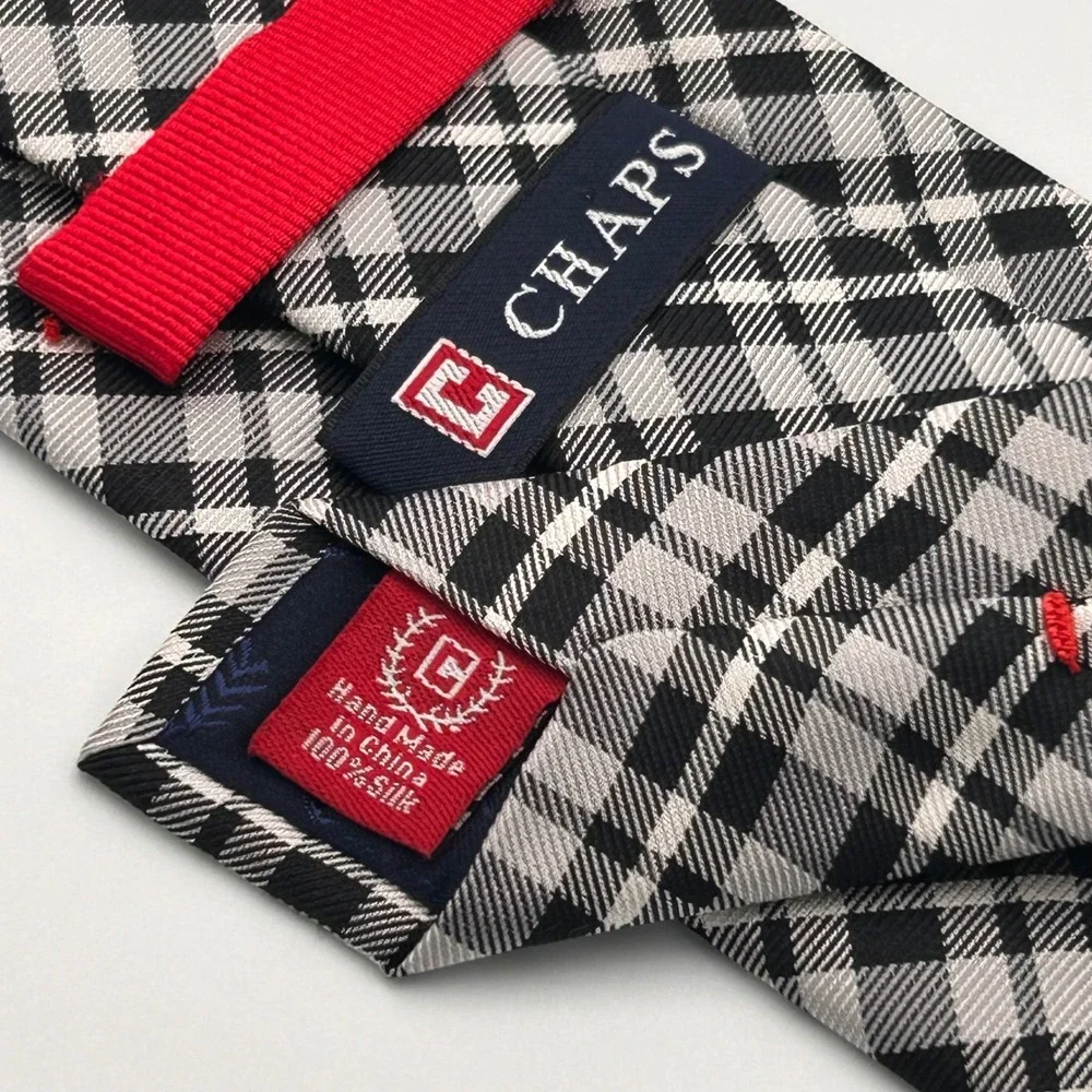 Chaps Plaid Necktie‎ Black Gray White Silk Business Formal Mens Handmade